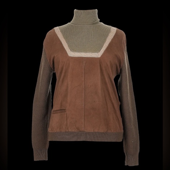 VTG Minarelli Italian Suede/Knit Blend Colorblock Turtleneck Sweater Women's XL - Picture 2 of 8